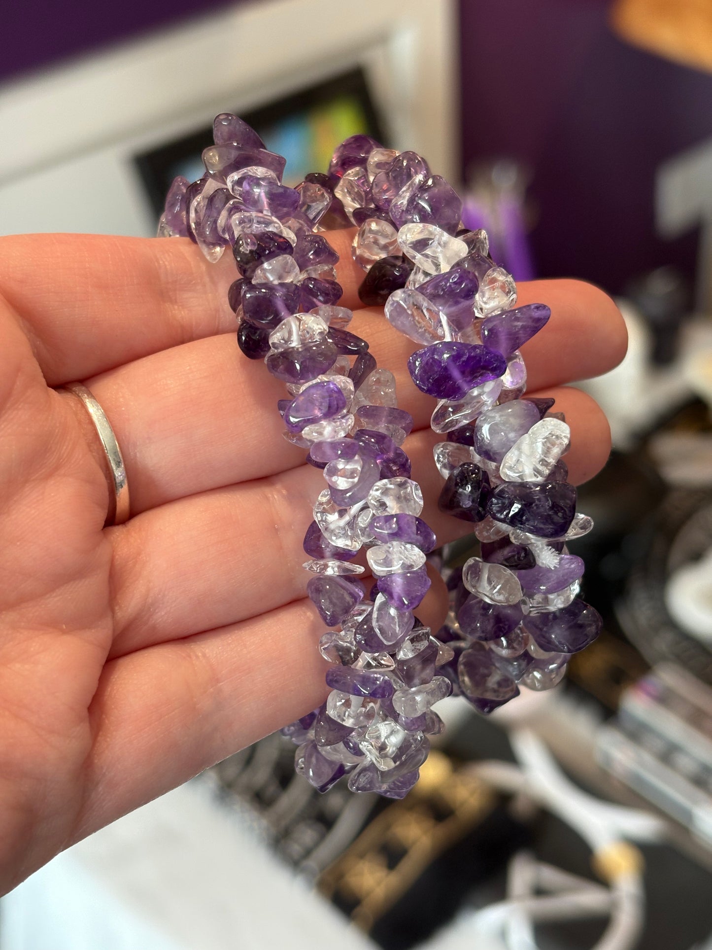 Amethyst & Clear Quartz Crystal Chip Bracelet