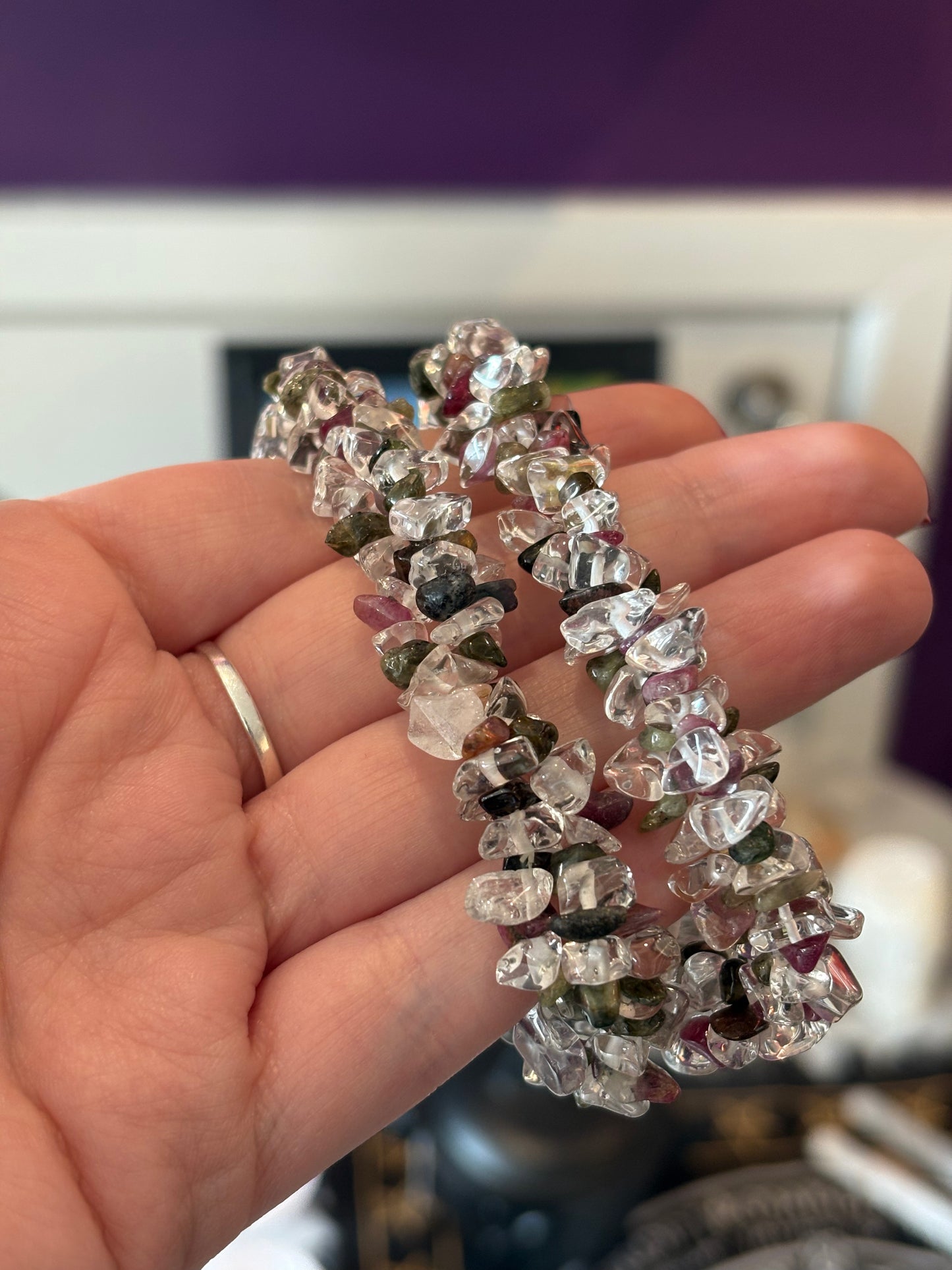 Mixed Tourmaline & Clear Quartz Crystal Chip Bracelet