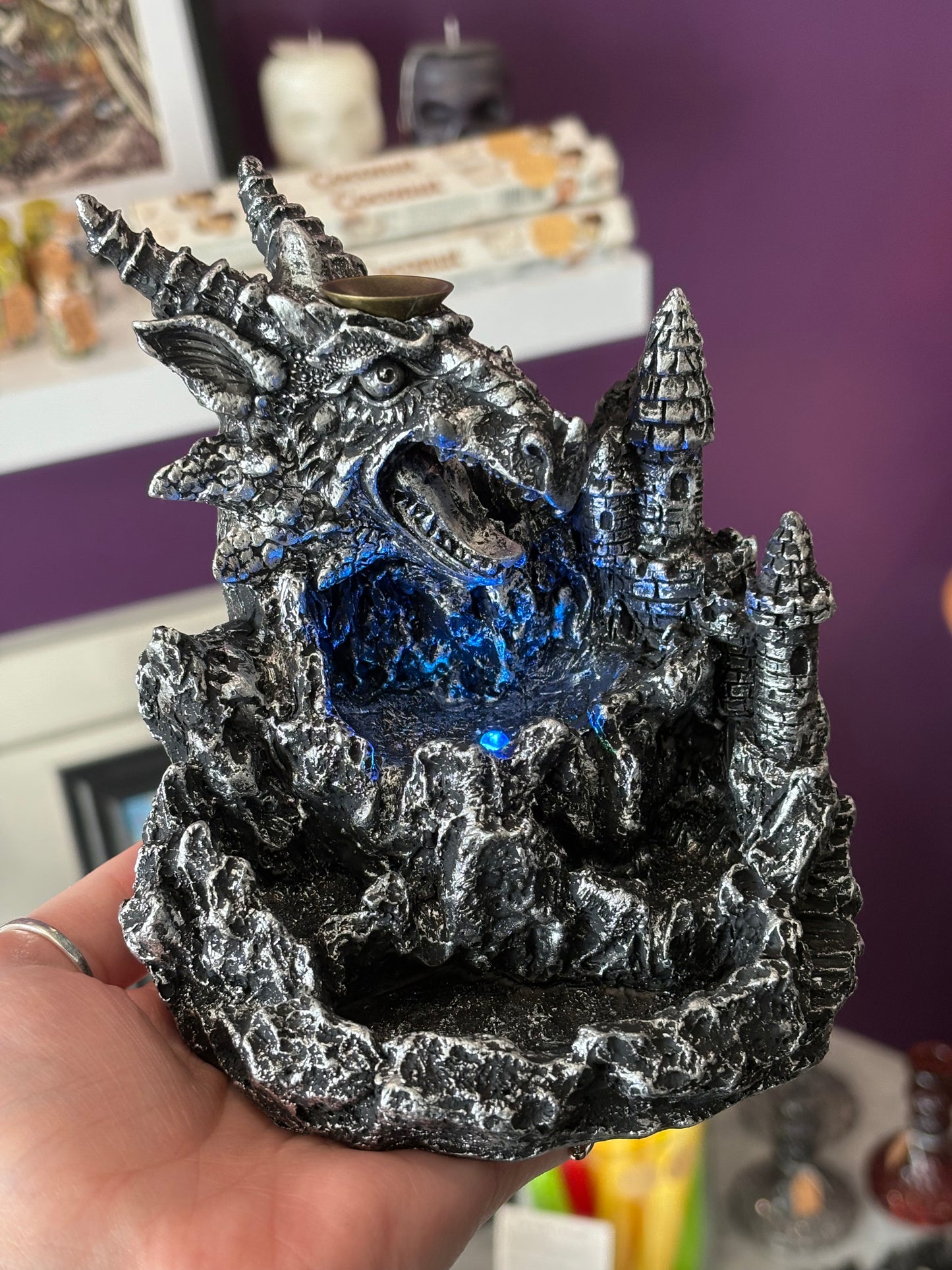 Silver Dragon & Castle Backflow Burner with Light (Multicoloured)