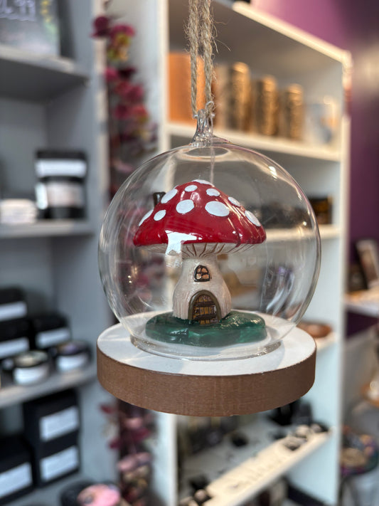 Mushroom House in Glass Dome Tree Ornament
