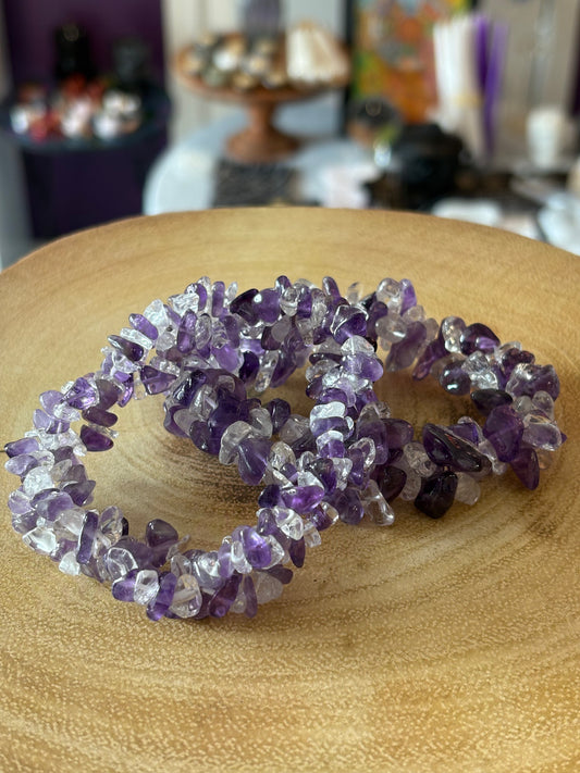 Amethyst & Clear Quartz Crystal Chip Bracelet