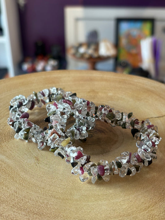 Mixed Tourmaline & Clear Quartz Crystal Chip Bracelet