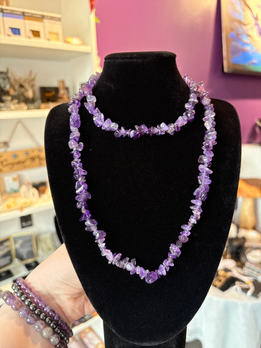 Amethyst Crystal Chip Necklace - 32”
