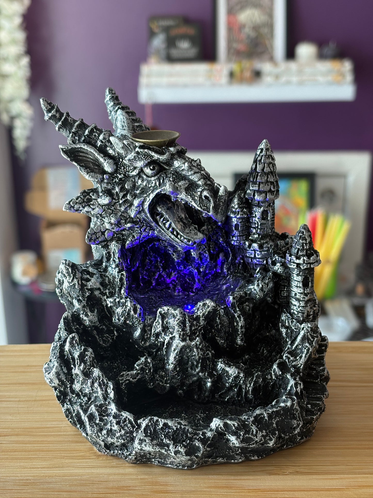 Silver Dragon & Castle Backflow Burner with Light (Multicoloured)