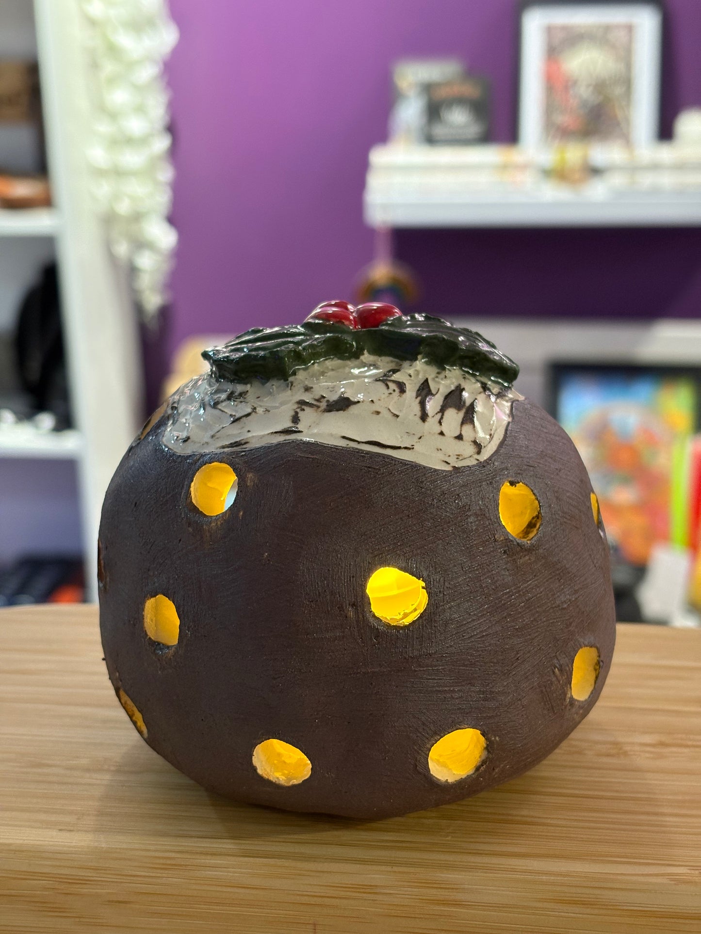 Christmas Pudding Ceramic Tea Light Holder (Handmade) #2