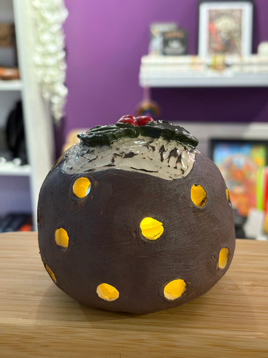 Christmas Pudding Ceramic Tea Light Holder (Handmade) #2