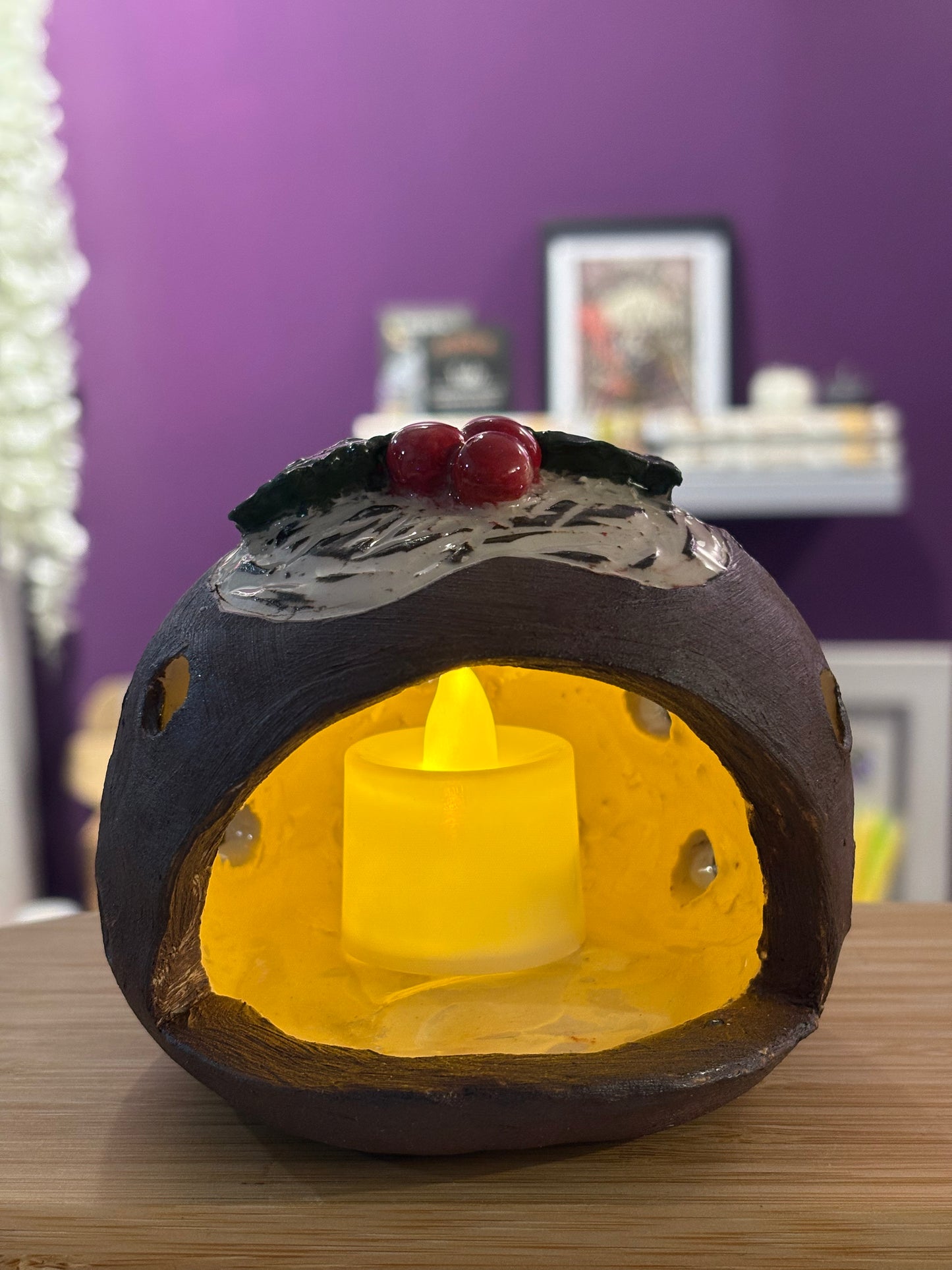Christmas Pudding Ceramic Tea Light Holder (Handmade) #2