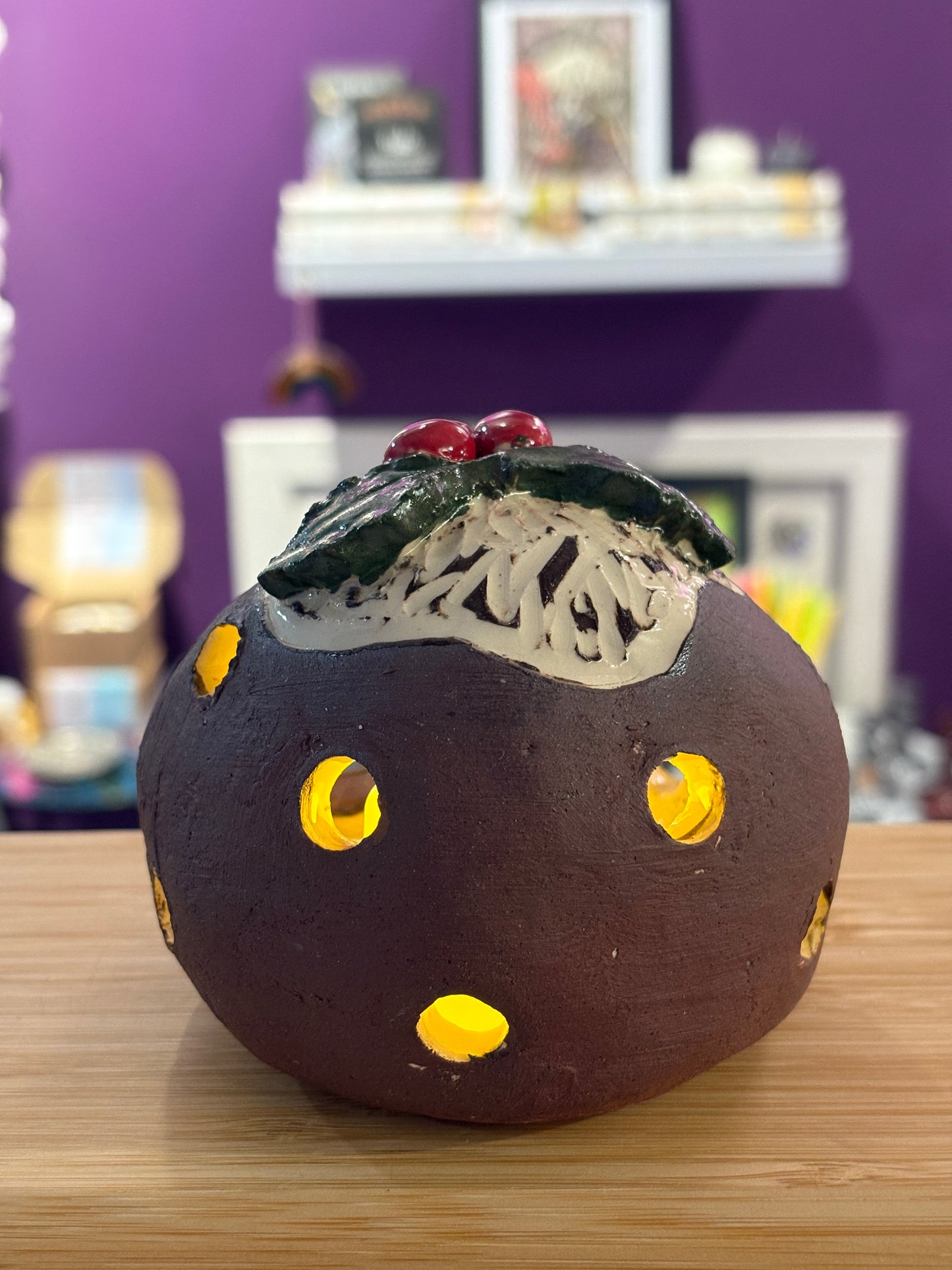 Christmas Pudding Ceramic Tea Light Holder (Handmade) #1
