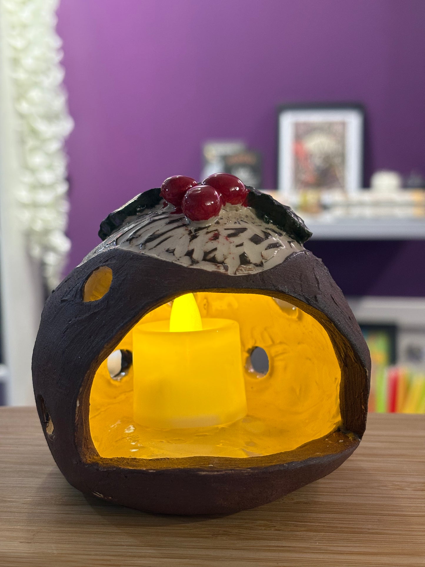 Christmas Pudding Ceramic Tea Light Holder (Handmade) #1