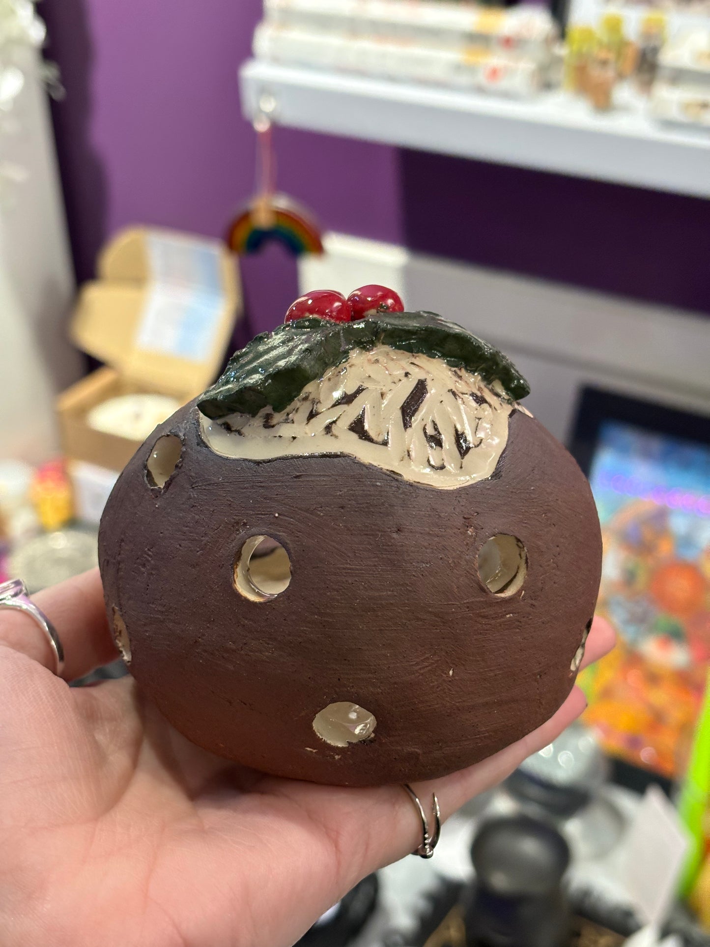 Christmas Pudding Ceramic Tea Light Holder (Handmade) #1